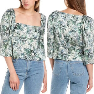 NWOT Vince Painted Floral Square Neck Blouse Herb Green Blue White 3/4 Sleeve 10